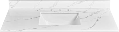 48 in. W x 22 in D Quartz Vanity Top in Calacatta Rocky, Vanity Sink Top with Assembled Single Drop-in Sink, Pre-Drilled Widespread Faucet Holes Countertop with 4" H Backsplash