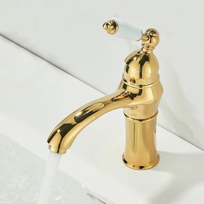 Vintage Brass Single Handle Bathroom Faucet - Gold Hot & Cold Mixer Sink Tap, 1 Hole Design, Retro Style, Ideal for Kitchen & Bathroom Decor