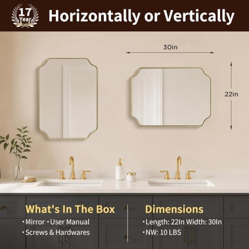 Besdomus Gold Modern Bathroom Mirror: 22"x30" Minimalist Vanity Wall Mirror