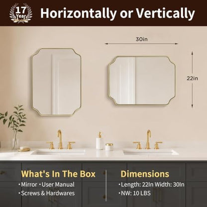 Besdomus Gold Modern Bathroom Mirror: 22"x30" Minimalist Vanity Wall Mirror