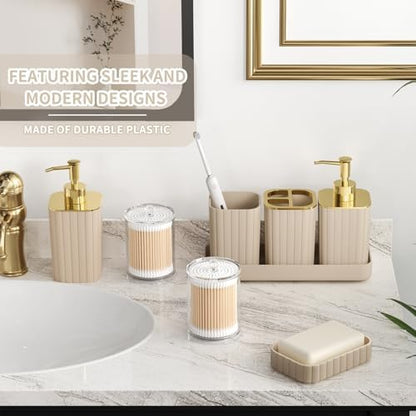 XLHOMO Bathroom Accessory Set - 26PC Bathroom Shower Curtain and Rug Set, Bathroom Accessories Set, Beige Bathroom Set with Trash Can, Toilet Brush, Qtip Holder & Soap Dispenser
