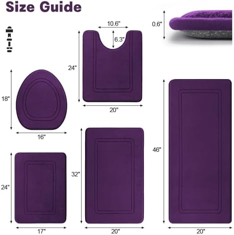 YIHOUSE Purple Memory Foam Bathroom Rug Set - 5 Piece Non Slip Bath Mats, Absorbent & Quick Drying for Bathroom Floor