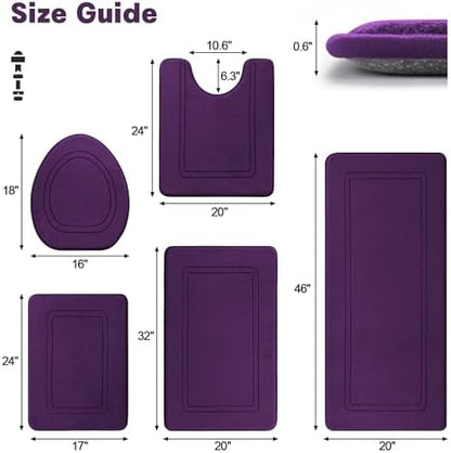 YIHOUSE Purple Memory Foam Bathroom Rug Set - 5 Piece Non Slip Bath Mats, Absorbent & Quick Drying for Bathroom Floor