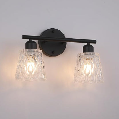 Black Bathroom Vanity Light Over Mirror, 2-Light Wall Mount Fixture with Textured Glass Shades, Stainless Steel Bar Design, E26 Base Sockets (Bulbs Not Included)