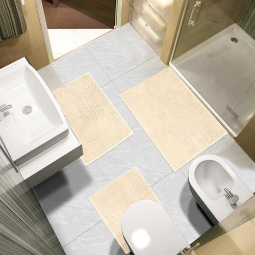 Urvoix Bathroom Rugs Sets 3 Piece, Non-Slip Chenille Bath Mat Set