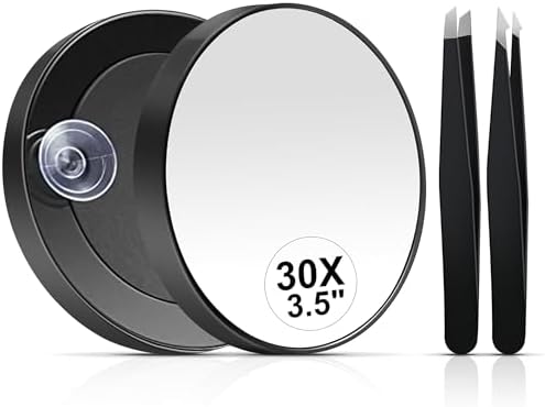MIYADIVA 30X Magnifying Mirror, Small Travel Mirror with Suction Cup and Tweezers, 3.5 Inches