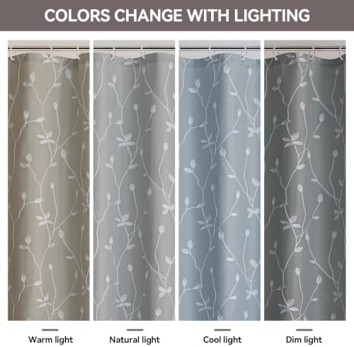 Embroidered Leaf Farmhouse Shower Curtain,Faux Linen,72Wx72L,Grey