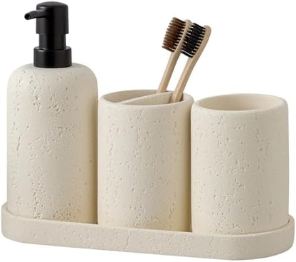 Bathroom Accessories Set,4 PCS Travertine Stone Look Collection,Cream