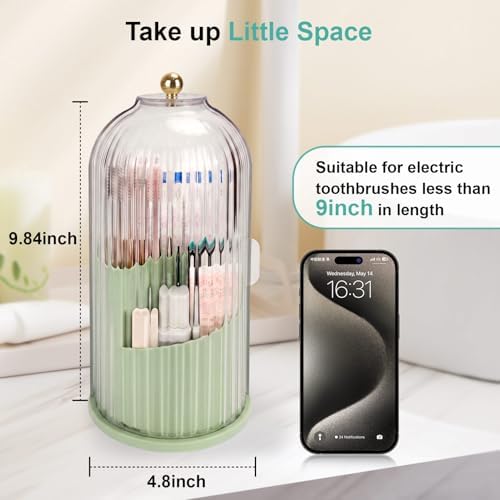QIYVLOS Toothbrush Holders with Sliding Lid, Rotating 3 Slots Bathroom Organizer Countertop, Tooth Brush Toothpaste Holder Bathroom Counter Stand Sink Organizer Caddy for Makeup Brushes Holder (Green)