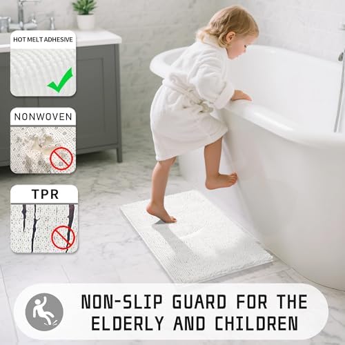 Yimobra Long Bathroom Rugs 47"x24", Extra Soft Non Slip Bath Mat for Tub, Super Absorbent Quick Dry Shaggy Rug Floor Carpet, Machine Washable,White