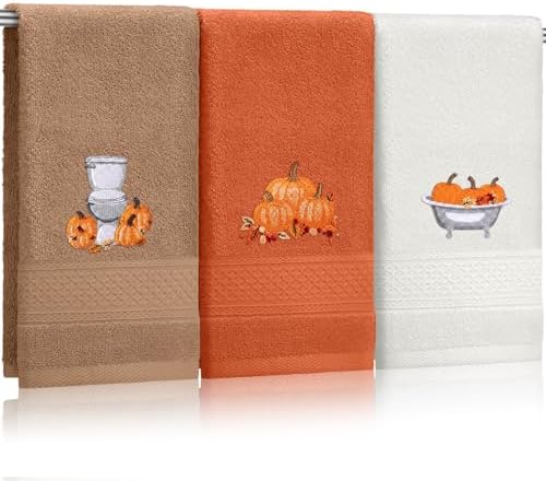 FuWeave 3 Pcs Brown Orange Fall Pumpkin Hand Towels for Bathroom