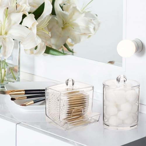 Tbestmax Qtips Dispenser Bathroom Container, 10/12 oz Big Cotton Ball Holder, Clear Plastic Apothecary Jar Organizer for Storage Cotton Swab, Floss Picks