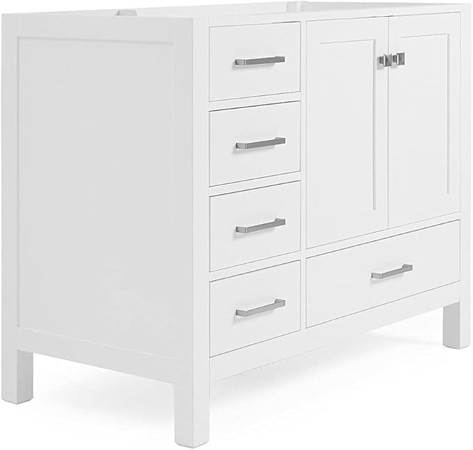 ARIEL Cambridge 42-inch Bathroom Vanity Base Cabinet,Solid Wood, 2 Soft Closing Doors, 5 Dovetail Drawers, White