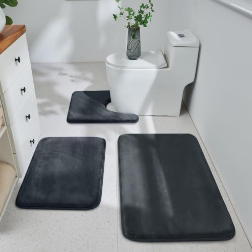 HUXMEYSON 3-Piece Memory Foam Bathroom Rug Set, Dark Grey