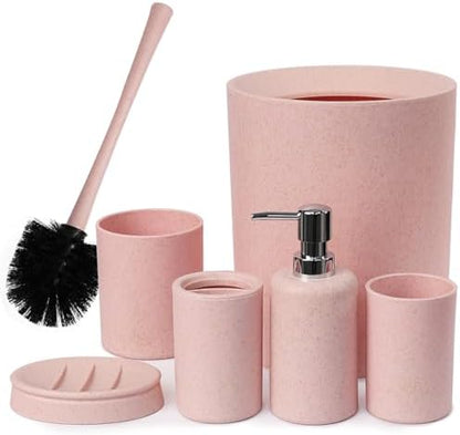 CERBIOR Bathroom Accessories Set 6 Piece Wheat Straw Bath Ensemble,Pink