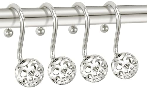 Chictie Nickel Shower Curtain Hooks - Decorative Shower Curtain Rings,Set of 12 Silver Metal Rustproof Shower Hangers for Bathroom Curtains Rods Hollow Ball Design