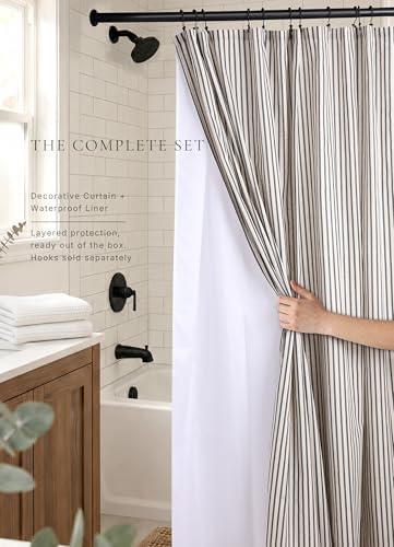 Farmhouse Striped Shower Curtain Set, Linen Blend Fabric with Detachable Polyester Liner, Breathable & Machine Washable, Rustic Black for Bathroom Decor Standard 72" W x 72" L - Hooks Not Included
