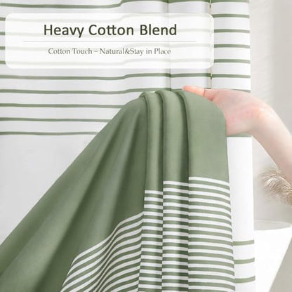Sage Green Boho Cotton Striped Shower Curtain with Tassel 72"W X 72"L