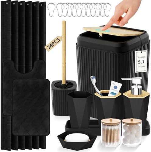 Black Bathroom Accessories Set with Shower Curtain and Rugs, 24-Piece Complete Bath Set with Trash Can, Soap Dispenser, Toilet Brush, and Qtip Holders, Famhouse Bamboo Modern Decor