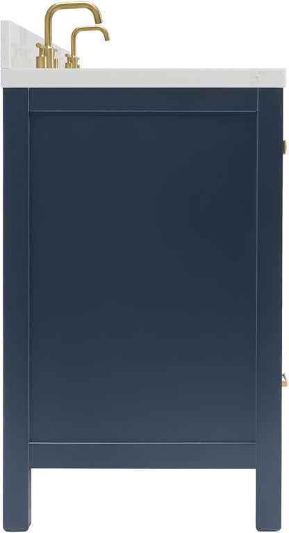 ARIEL Cambridge 60-inch Bathroom Vanity with Sink,Solid Wood, 1.5-inch Carrara White Quartz Countertop, Double Rectangular Porcelain Sink, 4 Soft Closing Doors, 6 Dovetail Drawers, Midnight Blue