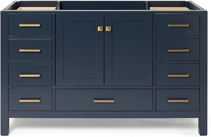 ARIEL Cambridge 54-inch Bathroom Vanity Base Cabinet,Solid Wood, 2 Soft Closing Doors, 9 Dovetail Drawers, Midnight Blue