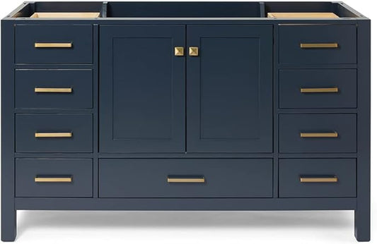 ARIEL Cambridge 54-inch Bathroom Vanity Base Cabinet,Solid Wood, 2 Soft Closing Doors, 9 Dovetail Drawers, Midnight Blue