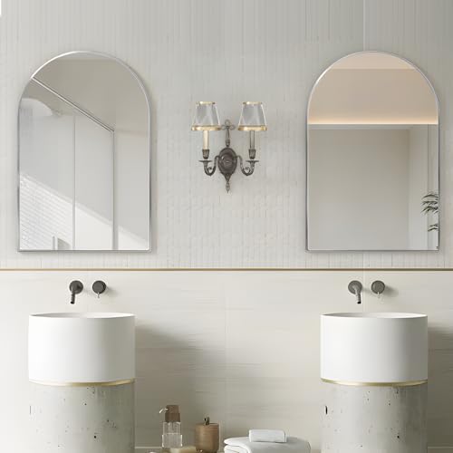 Wall Mounted Mirror, Arched Wall Mirror for Bathroom, 20"x30" Arch Bathroom Mirror with Metal Frame, 2 Pieces Silver Vanity Mirror Decor for Mantle, Bedroom, Entryway