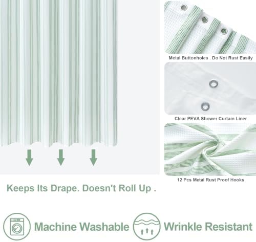 ORTIGIA 3 in 1 Waterproof Shower Curtain PEVA Liner Set 72x72 Inch,Green