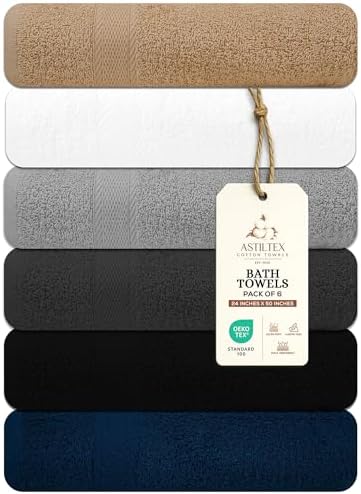 Bath Towels Pack of 6 – 24" x 50" – 100% Cotton Terry, Soft, Quick-Dry & Highly Absorbent – Multi Assorted Towels for Bathroom, Spa, Gym, Hotel, Pool & Everyday Use