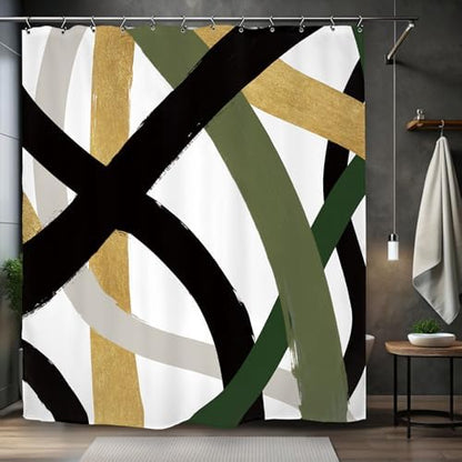 Abstract Modern Line Shower Curtain 60Wx72L Inch Black Army Green Minimalist Contemporary Art Neutral Simple Bathroom Set Accessories Decor with 12 Pack Hooks