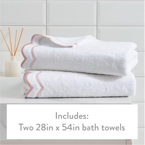 Peri Home 2 Piece Cotton Bath Towel Set, Embroidered, White, Blush Scallop