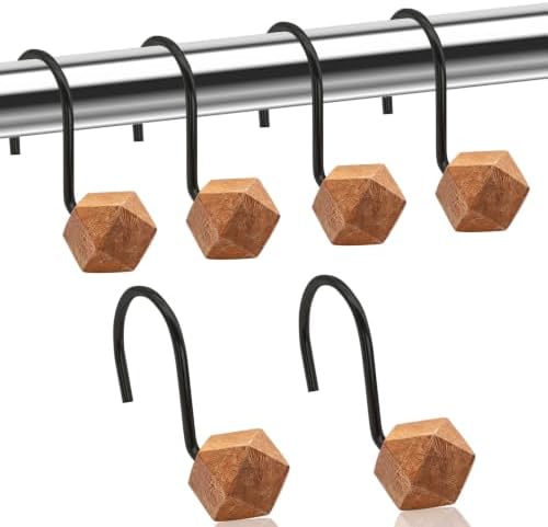 Decorative Shower Curtain Hooks, Wood Shower Curtain Rings, Modern Polygon Wood Shower Curtain Hangers, 12PCS Shower Hooks for Shower Curtain Rod, Bathroom, Bedroom, Living Room (Black)