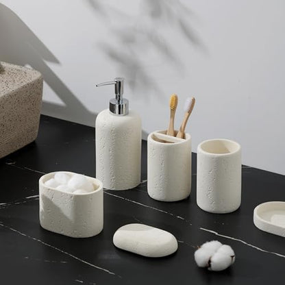 Bathroom Accessories Set, 5PCS, Travertine Stone Look, Off White