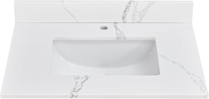 30 in. W x 22 in D Quartz Vanity Top in Calacatta Rocky, Vanity Sink Top with Assembled Single Drop-in Sink, Pre-Drilled Single Faucet Hole Countertop with 4" H Backsplash