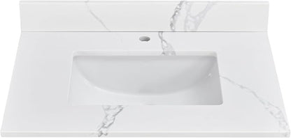 30 in. W x 22 in D Quartz Vanity Top in Calacatta Rocky, Vanity Sink Top with Assembled Single Drop-in Sink, Pre-Drilled Single Faucet Hole Countertop with 4" H Backsplash