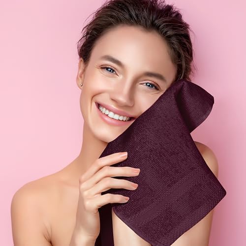 GLAMBURG Ultra Soft 12-Piece Washcloths Set 13x13-100% Ringspun Cotton - Durable & Highly Absorbent Face Towels - Ideal for use in Bathroom, Kitchen, Gym, Spa & General Cleaning - Burgundy