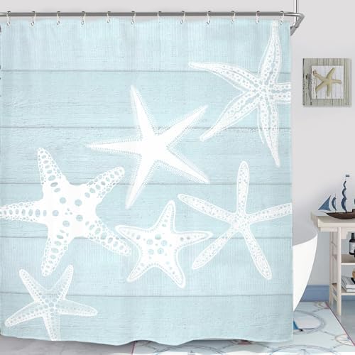 Miyotaa Beach Starfish Shower Curtain Set 60Wx71H Inches Seafoam Wooden Wood Rustic Country Ocean Sea Vintage Farmhouse Pastel Polyester Waterproof Cloth Bathroom Curtain with 12 Hooks