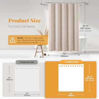 BTTN Extra Long Boho Farmhouse Linen Shower Curtain Set, 72x96, Tan/Taupe