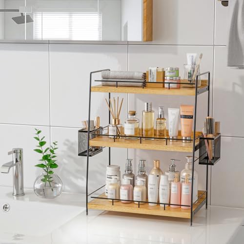 Wood 3 Tier Bathroom Counter Organizer with Side Baskets Fits Tall Bottles