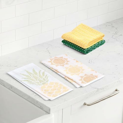 Ritz 4-Piece Kitchen Towel Set, Jacquard Pineapple & Sun Toss Prints with Yellow & Pine Green Textured Terry, Highly Absorbent Cotton Blend, 16" x 26", Tropical Summer Kitchen Decor