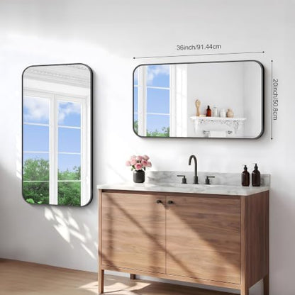 BONEWEI 20x36 inch Bathroom Mirror,Black Rectangle Mirror,Wall Mounted Bathroom Frame Vanity Mirror with Round Corner for Bedroom Living Room,Entryway Hangs Horizontal or Vertical