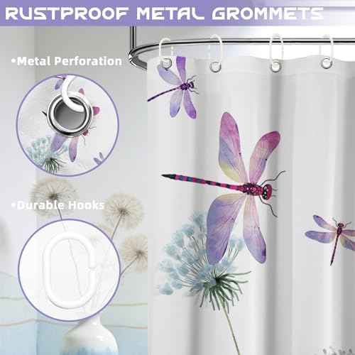 Blue Purple Dandelion Shower Curtain Spring Dragonfly Lavender Grey White Watercolor Shower Curtains for Bathroom Decor, Waterproof Cloth Fabric with Hooks 70" Wx72 L