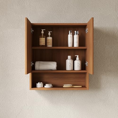 USHOWER Brown Oak Bathroom Wall Cabinet with Fluted Doors & Open Shelf