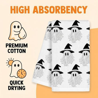 2 Pack Halloween Hand Towels 100% Cotton Jacquard Ghost Halloween Kitchen Towels White Bathroom Towels Set Seasonal Bathroom Decor (Cute Ghost, Halloween)