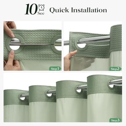 Dynamene Sage Green Hook Free Waffle Shower Curtain & Snap-in Liner,60x75