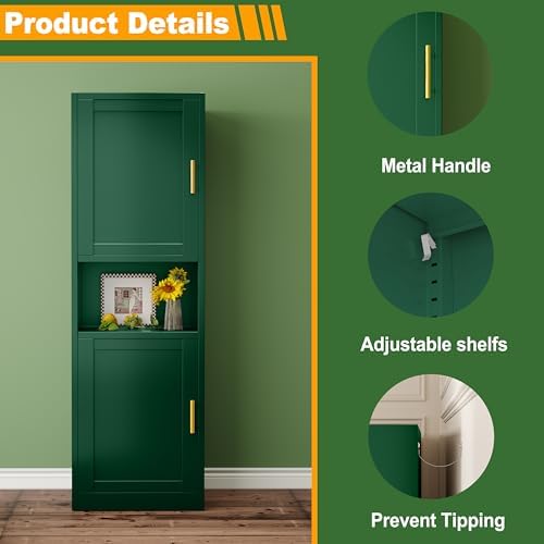 Ckzbx Tall Narrow Storage Cabinet 66.93" H Tall Bathroom Cabinet Metal Pantry Cabinets, 4 Adjustable Shelves for Kitchen, Home Office, Living Room, Dinning Room (20 inches Wide Green)
