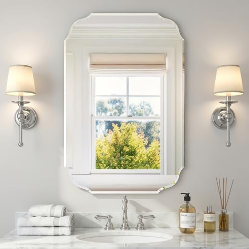36"x 24" Frameless Beveled Wall Mirror Silver Scalloped Edge Vanity Mirror for Bathroom, Bedroom, Entryway, Modern Rectangle Wall Mounted Decorative Mirror with Shatter-Resistant Glass