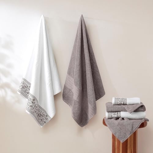 Modern Threads Allie 6-Piece 100% Cotton Towel Set – Jacquard Floral Border – Includes 2 Bath Towels, 2 Hand Towels, 2 Washcloths – Absorbent, Quick Dry, Soft & Durable – Taupe