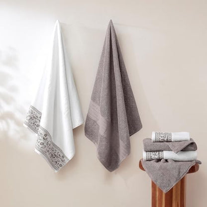 Modern Threads Allie 6-Piece 100% Cotton Towel Set – Jacquard Floral Border – Includes 2 Bath Towels, 2 Hand Towels, 2 Washcloths – Absorbent, Quick Dry, Soft & Durable – Taupe