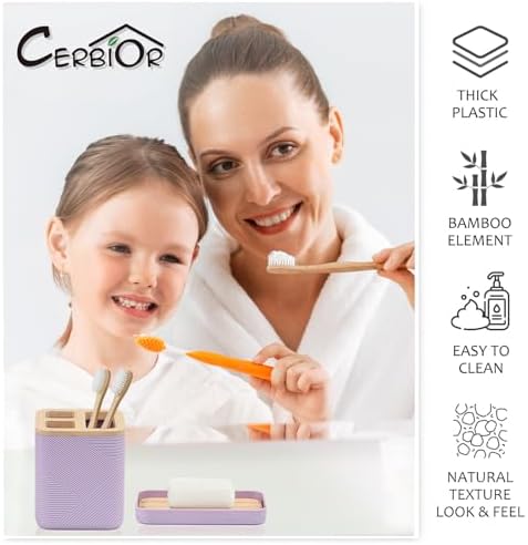 CERBIOR Bamboo Bathroom Accessories Set 6 PCS Square Spiral Bath Set,Purple